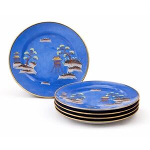 Vintage Hinode Japan  Moraige Pagoda Scenic Plates Blue Gold Rim 7.5"  Set of 5